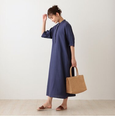 リネンレーヨンバンドカラーワンピース