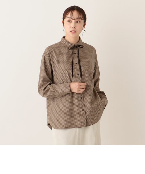 チェック柄リボン付きシフォンブラウス シャツブラウス シフォンブラウス チェック柄シャツ チェック
