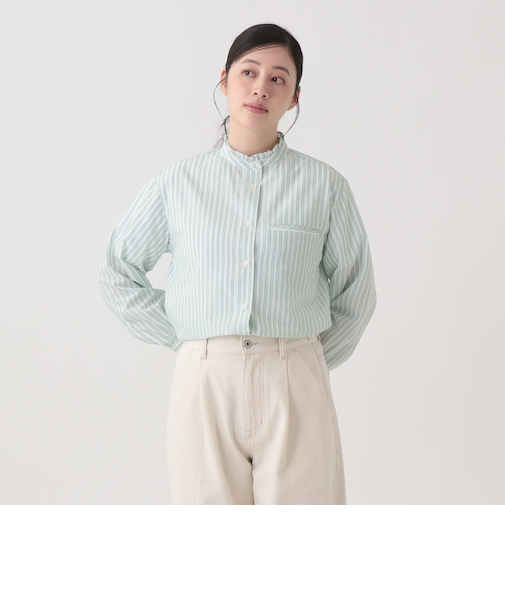 ストライプブロードフリルカラーショートブラウス