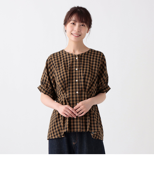 ギンガムチェックコットンガーゼウエストタックブラウス