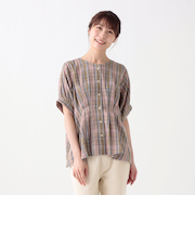 チェックコットンガーゼウエストタックブラウス