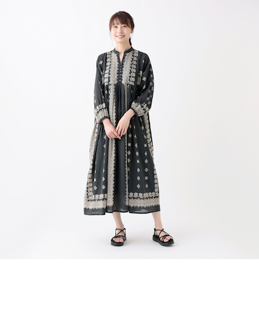 インド綿パネルプリントギャザーワンピース