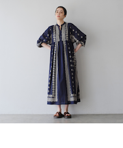 インド綿パネルプリントギャザーワンピース