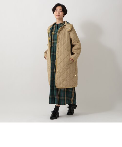 タータンチェック柄フード付きキルトロングコート/Afternoon Tea