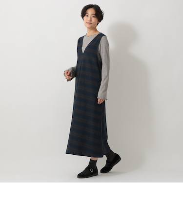 チェックVネックワンピース