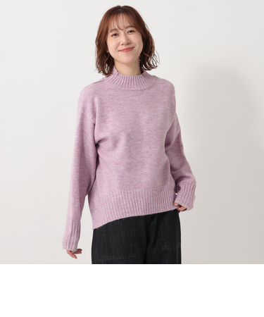 ふわもちニット袖口配色ハイネックプルオーバー