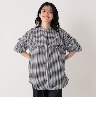 インド綿チェックフリルブラウス