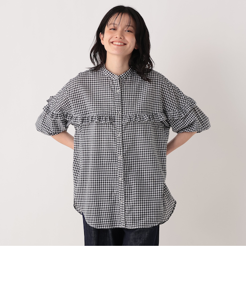 インド綿チェックフリルブラウス