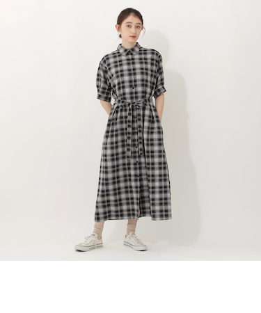 チェック麻調シャツワンピース