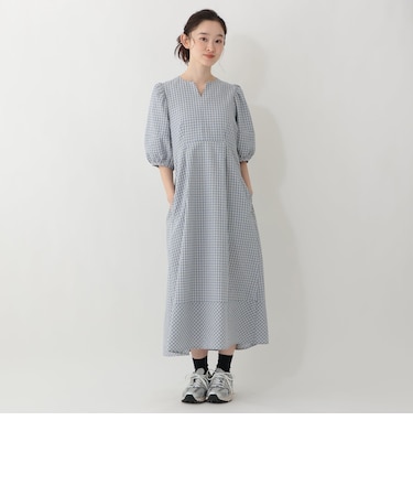 ギンガムチェックサッカーパフスリーブワンピース