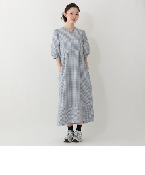 ギンガムチェックサッカーパフスリーブワンピース