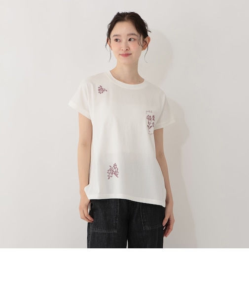 フラワー刺繍フレンチスリーブTシャツ