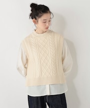 【洗える】ふわふわスフレケーブルニットベスト