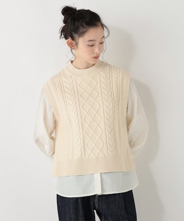【洗える】ふわふわスフレケーブルニットベスト