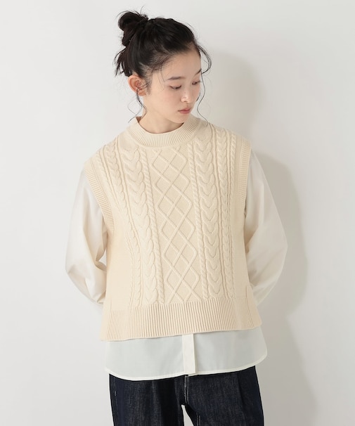 【洗える】ふわふわスフレケーブルニットベスト