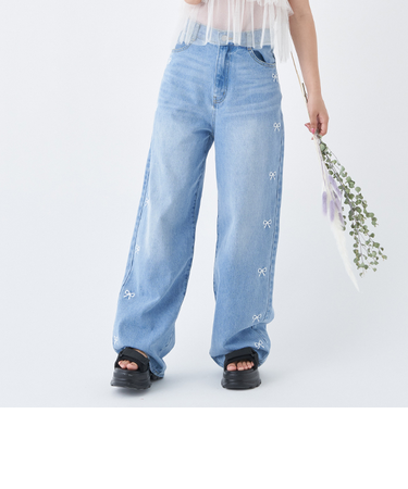 リボン刺しゅうワイドパンツ
