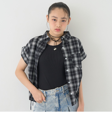 【綿100％】チェックノースリーブドロストシャツ