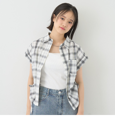 【綿100％】チェックノースリーブドロストシャツ