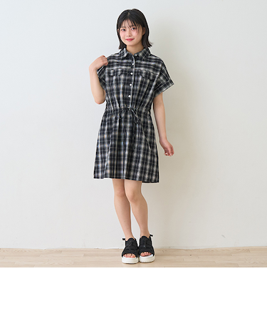 【綿100％】チェックフレンチスリーブシャツワンピ