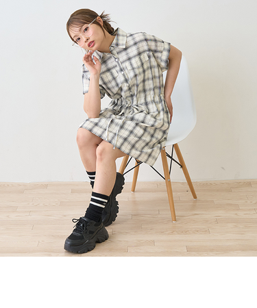 【綿100％】チェックフレンチスリーブシャツワンピ
