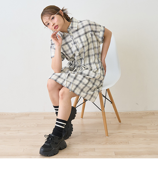 【綿100％】チェックフレンチスリーブシャツワンピ