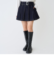 【LTXC】美脚見えベルトつきデニムプリーツスカート