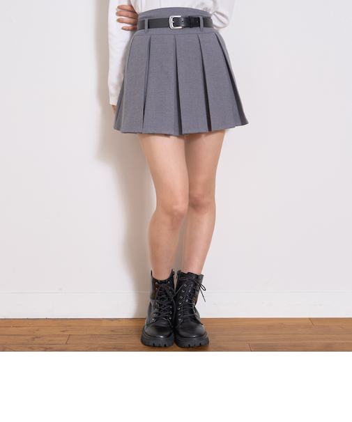 【起毛】ベルトつきプリーツスカート