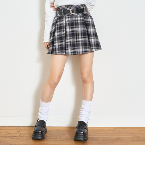 【起毛】ベルトつきチェックプリーツスカート
