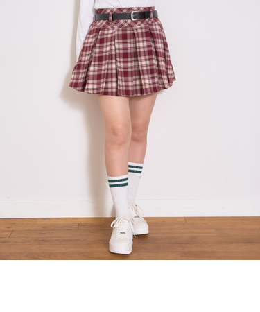 【起毛】ベルトつきチェックプリーツスカート