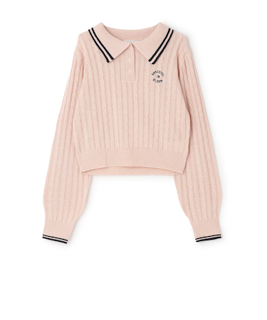 【洗える】ケーブル長袖ポロニット