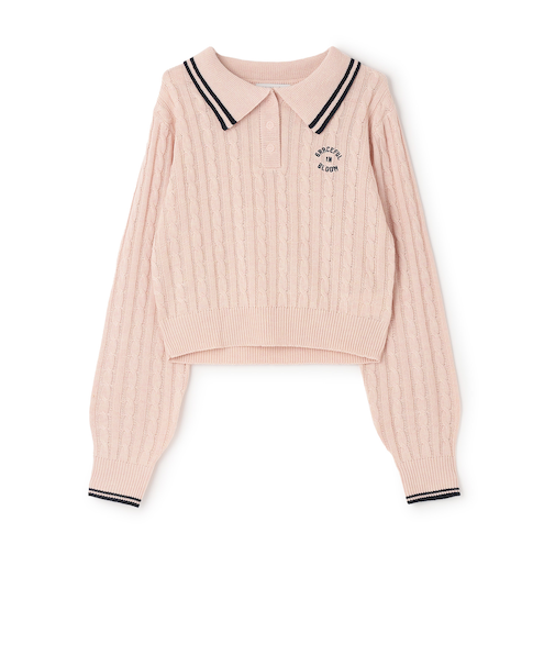 【洗える】ケーブル長袖ポロニット