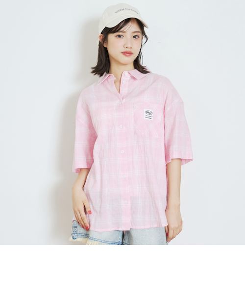 Katie ピンク チェック 半袖シャツ ブラウス Katie ピンク チェック 半袖シャツ ブラウス Katie ピンク チェック