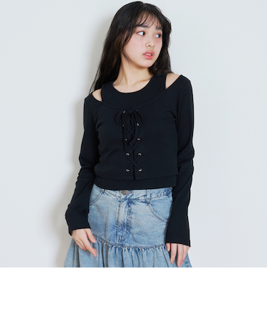 レースアップテレコ長袖シャツ