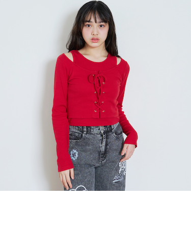 レースアップテレコ長袖シャツ