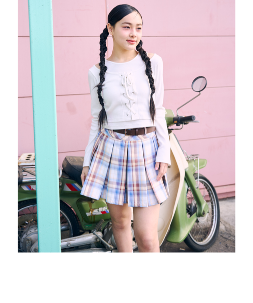 【イージーケア】ベルトつきチェックプリーツスカート