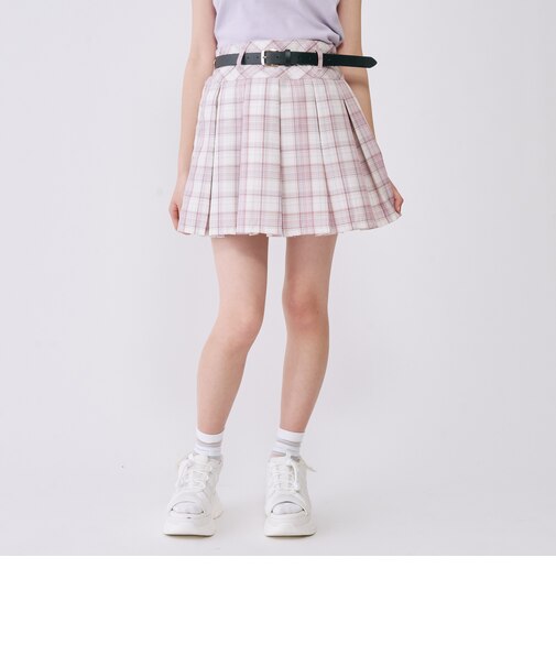 【イージーケア】ベルトつきチェックプリーツスカート