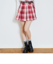 【イージーケア】ベルトつきチェックプリーツスカート