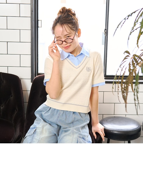 【洗える】フェイクレイヤード半袖ニットシャツ