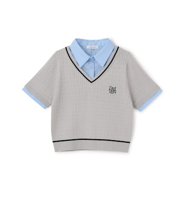 【洗える】フェイクレイヤード半袖ニットシャツ