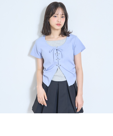 レースアップテレコ半袖T