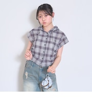 【UV】ドロストチェック半袖シャツパーカー