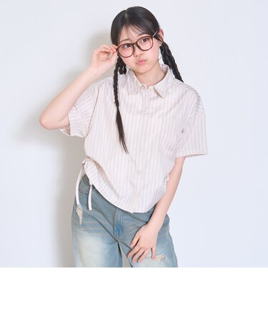 短丈ドロストストライプ半袖シャツ