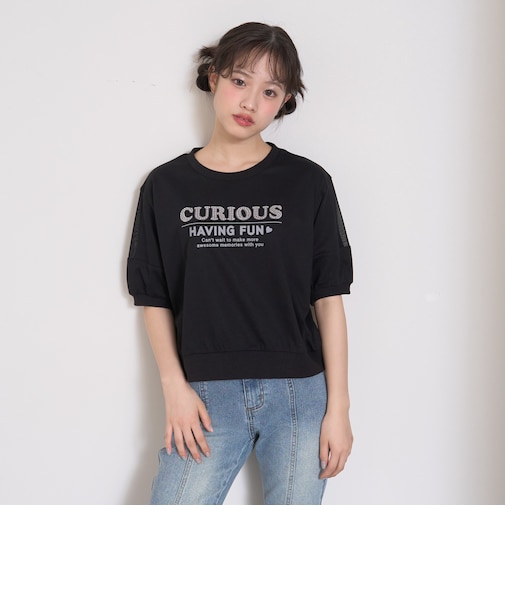 【7days】袖シアーガーリー5分袖Tシャツ