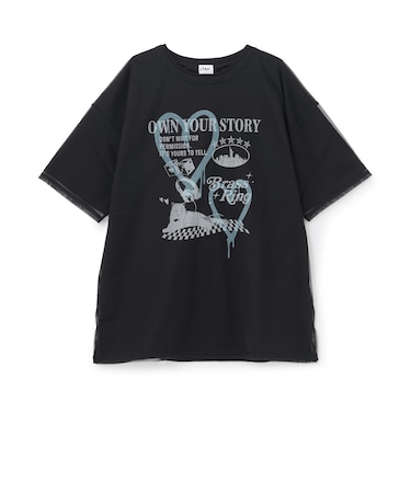 【LTXC】プリントメッシュレイヤード半袖Tチュニック