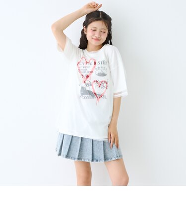 【LTXC】プリントメッシュレイヤード半袖Tチュニック
