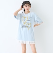 【LTXC】プリントメッシュレイヤード半袖Tチュニック