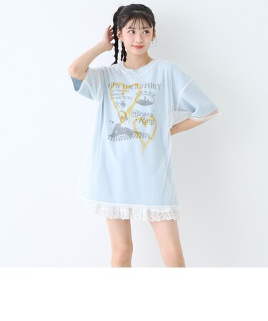 【LTXC】プリントメッシュレイヤード半袖Tチュニック
