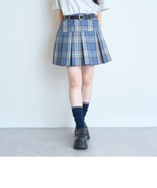 【イージーケア】ベルトつきチェックプリーツスカート