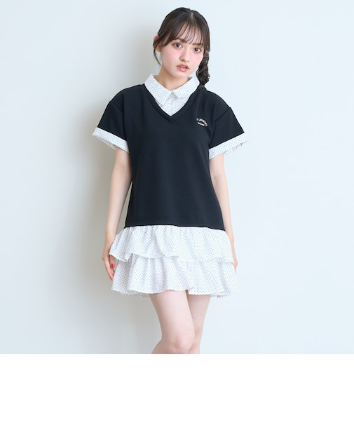 半袖フェイクレイヤードチュニックワンピ