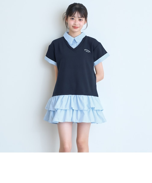 半袖フェイクレイヤードチュニックワンピ